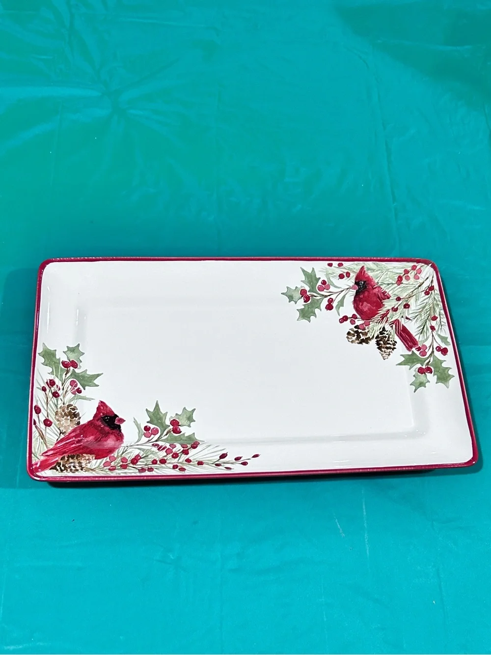 North Pole Trading Co Holly Berry Cardinal Ceramic Serving Platter Tray 14x8 NEW
